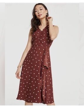 Like new Ann Taylor Polka Dot Sleeveless Wrap Midi Dress - Brown